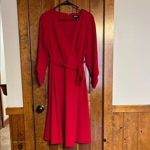 Dkny Red V-Neck Dolman Sleeve Wrap Dress